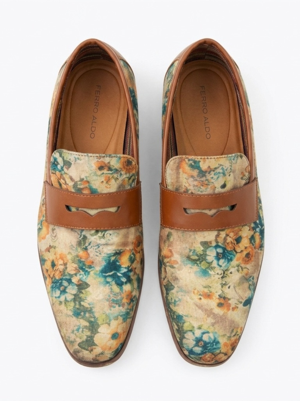 Ferro Aldo Sidney Floral Penny Loafers Mens 9.5 Blue Orange Flowers Dress Shoes